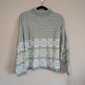 Vintage Womens Large Green Fair Isle Snowflake Mock Neck Knit Sweater Cozy Lagom